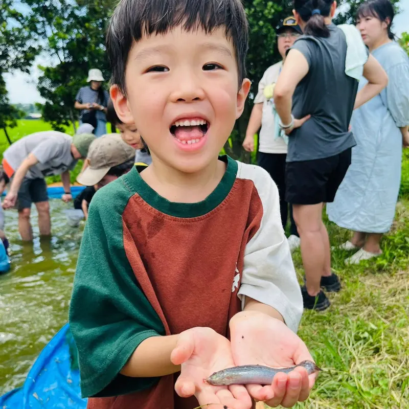 孩子近距離觀察並餵食土雞